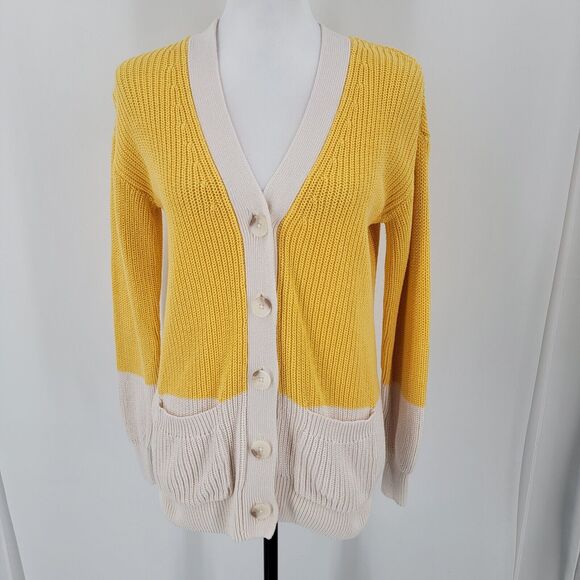 Loft Cardigan Womens XS Yellow White Long Sleeve Button Up Cotton Knit Preppy - Picture 3 of 11